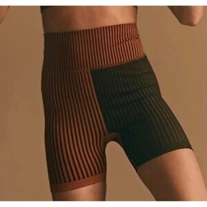 NWOT Free People FP Movement Ribbed Shorts Striped XS/S Black/Myrrh Brown Combo
